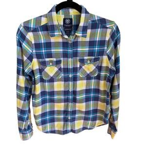 American Eagle Outfitters AEO Womens Yellow Blue Plaid LS Favorite Fit Shirt M‍